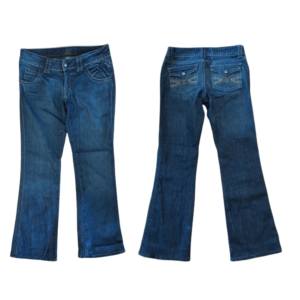 Lux medium wash button flap embroidered back pockets denim jeans size 29